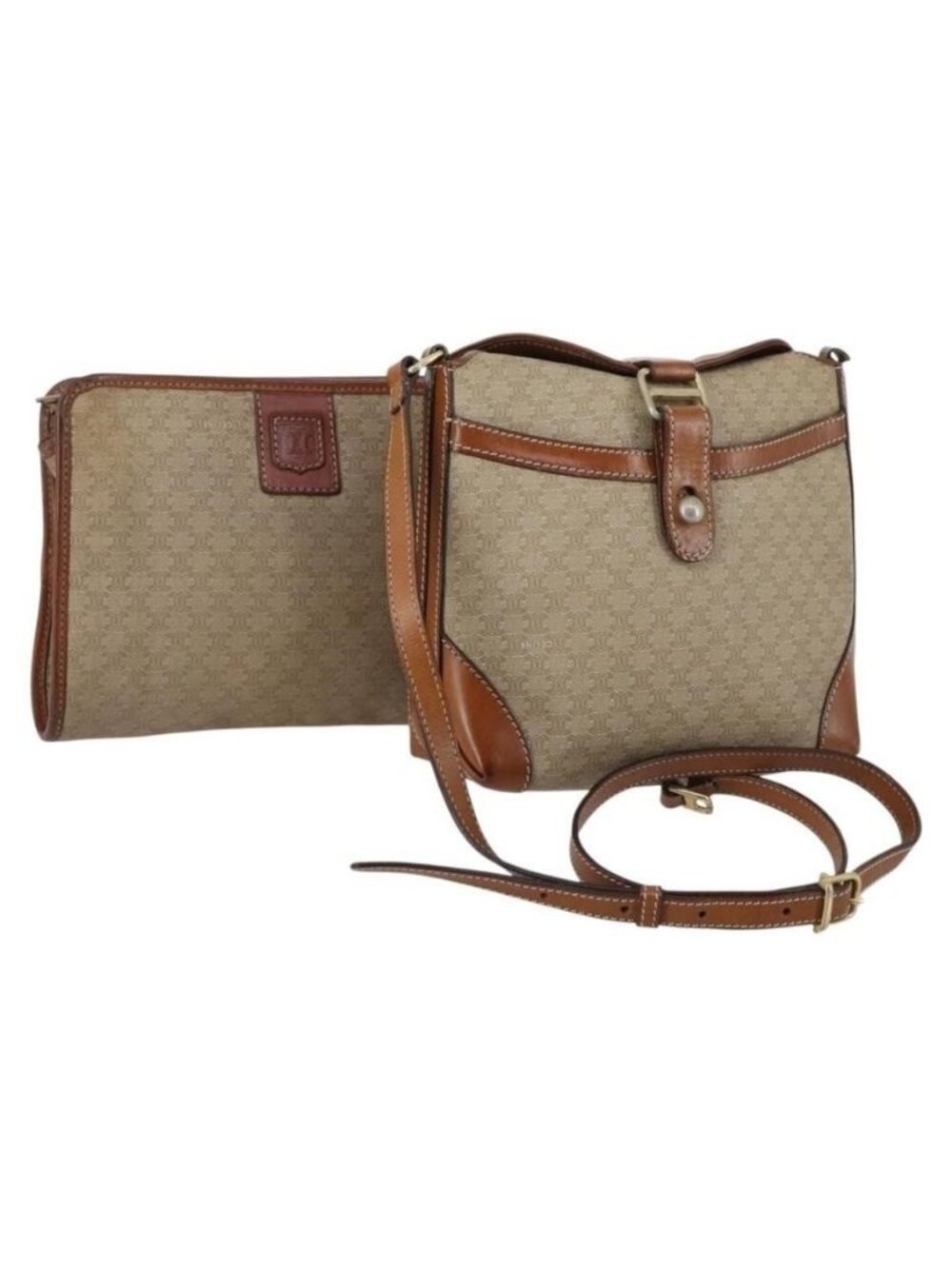 Authentic CELINE Macadam Canvas Shoulder Bag PVC Beige Gold